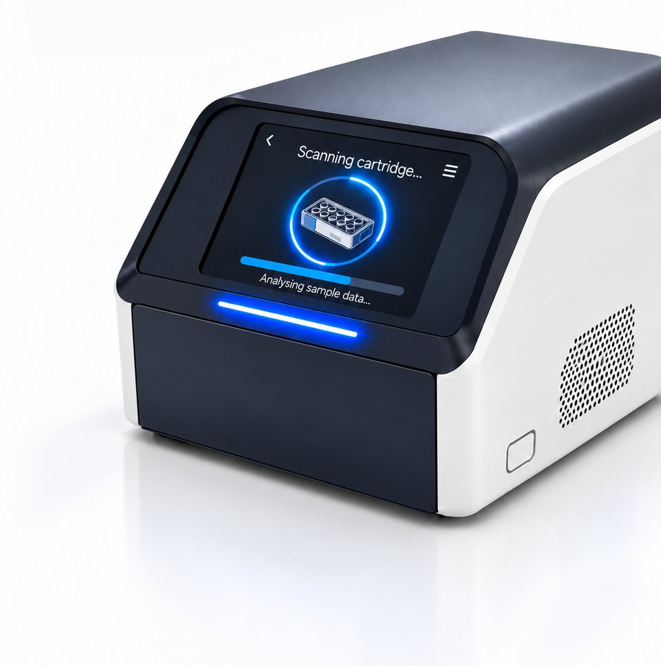 The same analyser with its drawer closed, its screen showing the cartridge being scanned